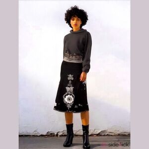 Vtg Y2K 90’s Cotton Festive Pearl Beaded Floral Black Embroidered Midi Skirt 12